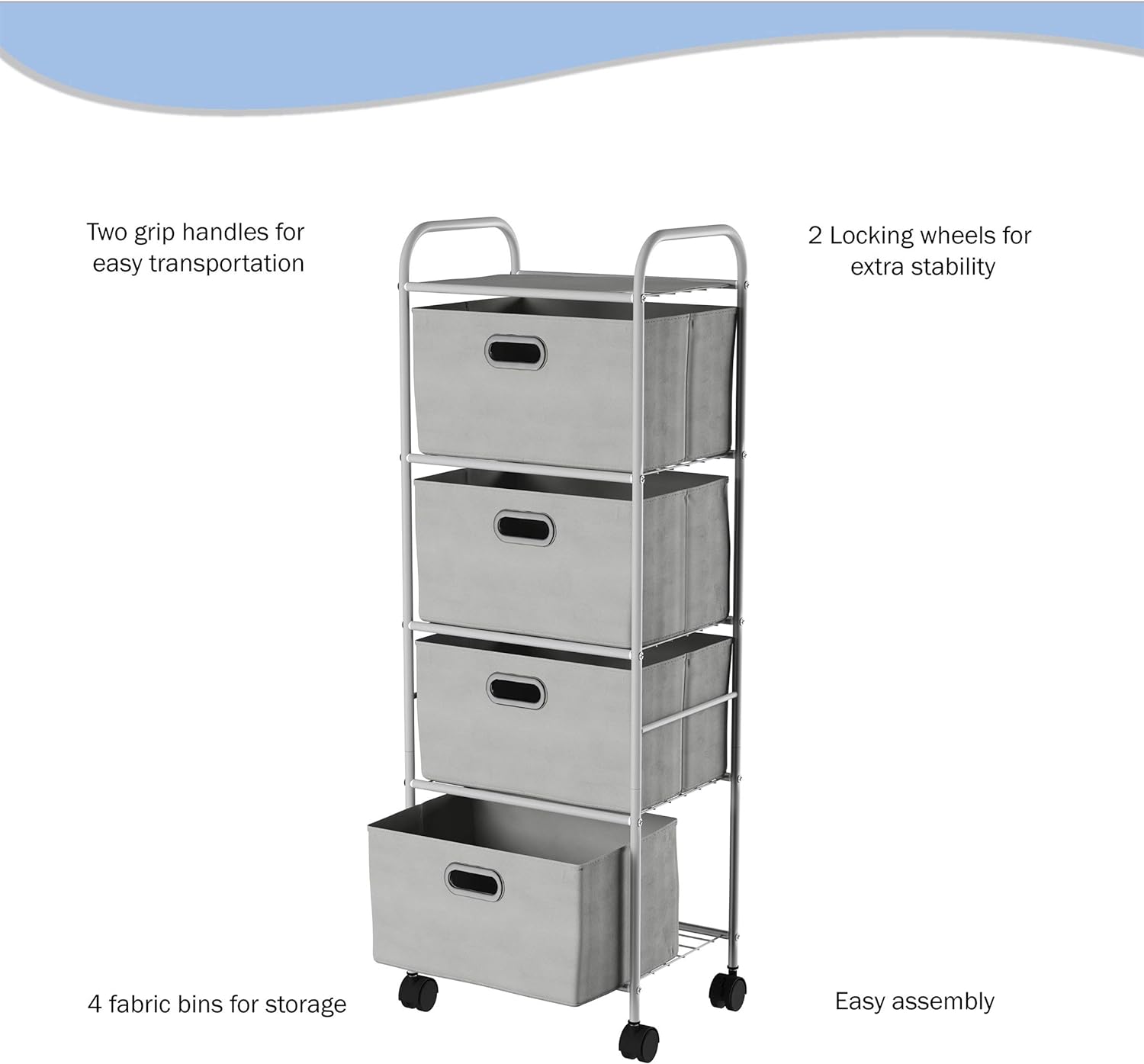 4 Drawer Storage Organizer, Rolling Fabric Bin Storage Cart with Wheels and Metal Frame, Gray