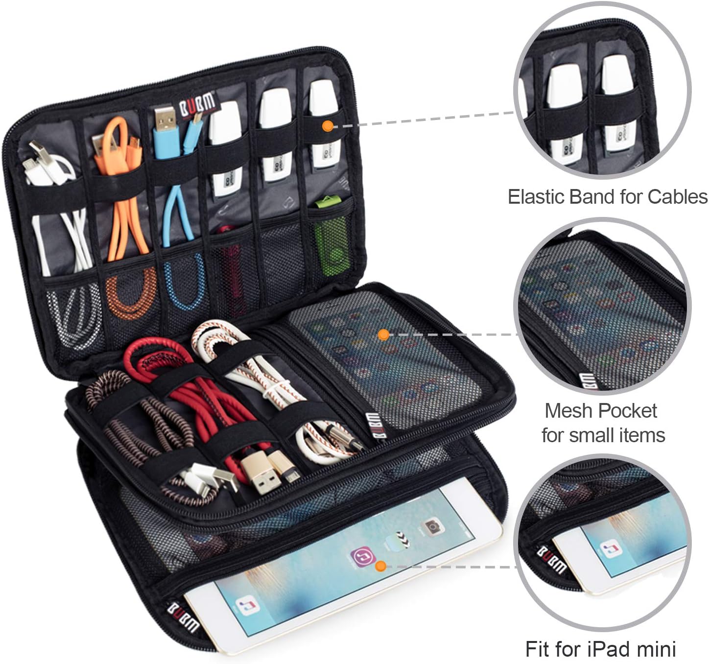 Double Layer Electronic Accessories Organizer, Travel Gadget Bag Perfect Size Fits for iPad Mini (Medium, Black)