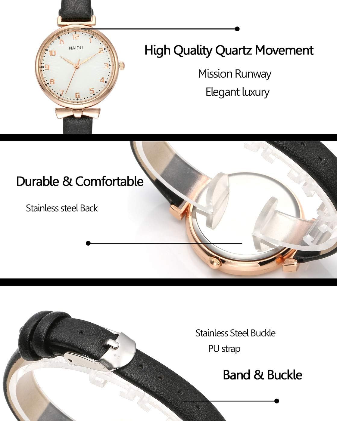 Womens Ladies Classic Simple Leather Analog Quartz Wrist Watch Rose Gold Case Arabic Numerals, White