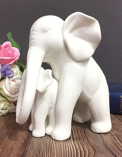 Load image into Gallery viewer, White Porcelain Mother and Baby Elephant Statue/Figurine in High Gloss Finish
