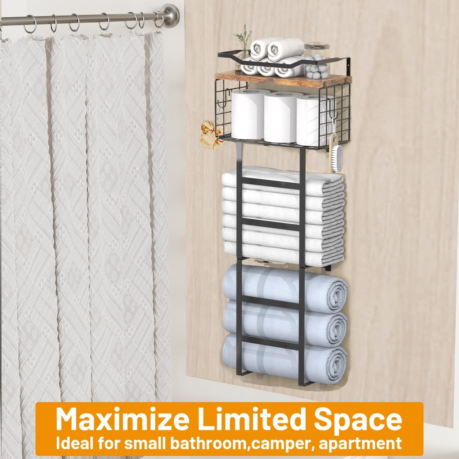 Towel Rack Wall Mounted with 2 Pack Towel Shelf and a Wire Basket Storage and Organizer, Sturdy Metal & Wood, Black