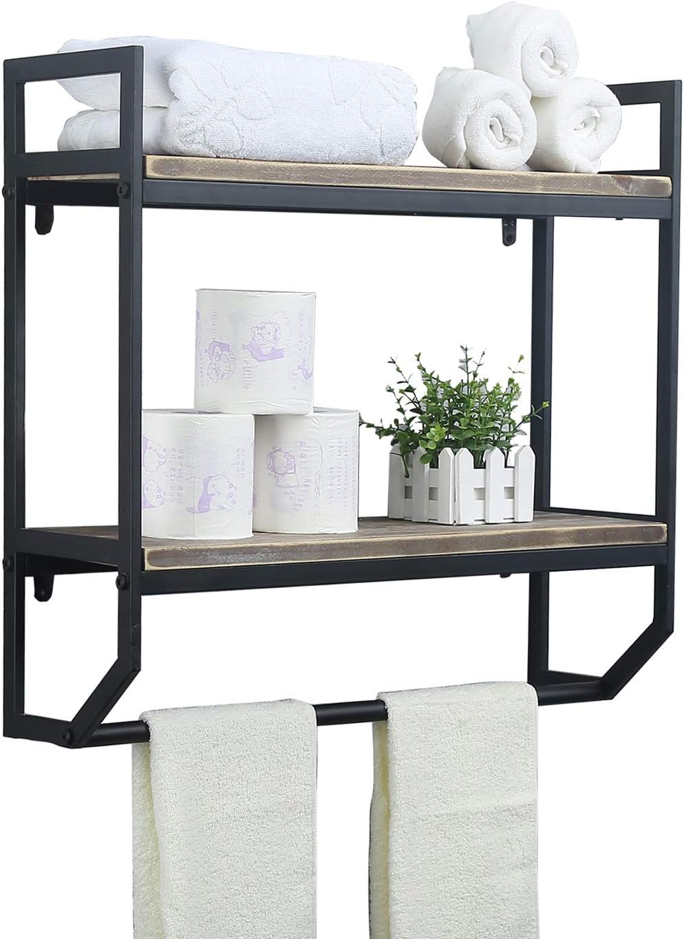 2-Tier Metal Industrial 23.6" Bathroom Shelves Wall Mounted,Rustic Wall Shelf Over Toilet Towel Rack with Towel Bar, Black Brush Silver