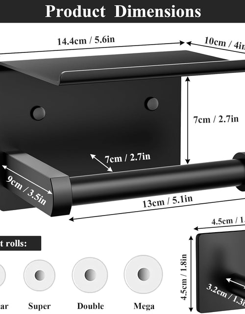 Load image into Gallery viewer, Toilet Paper Holder with Phone Shelf + Towel Robe Hooks, Adhesive or Screw Wall Mounted
