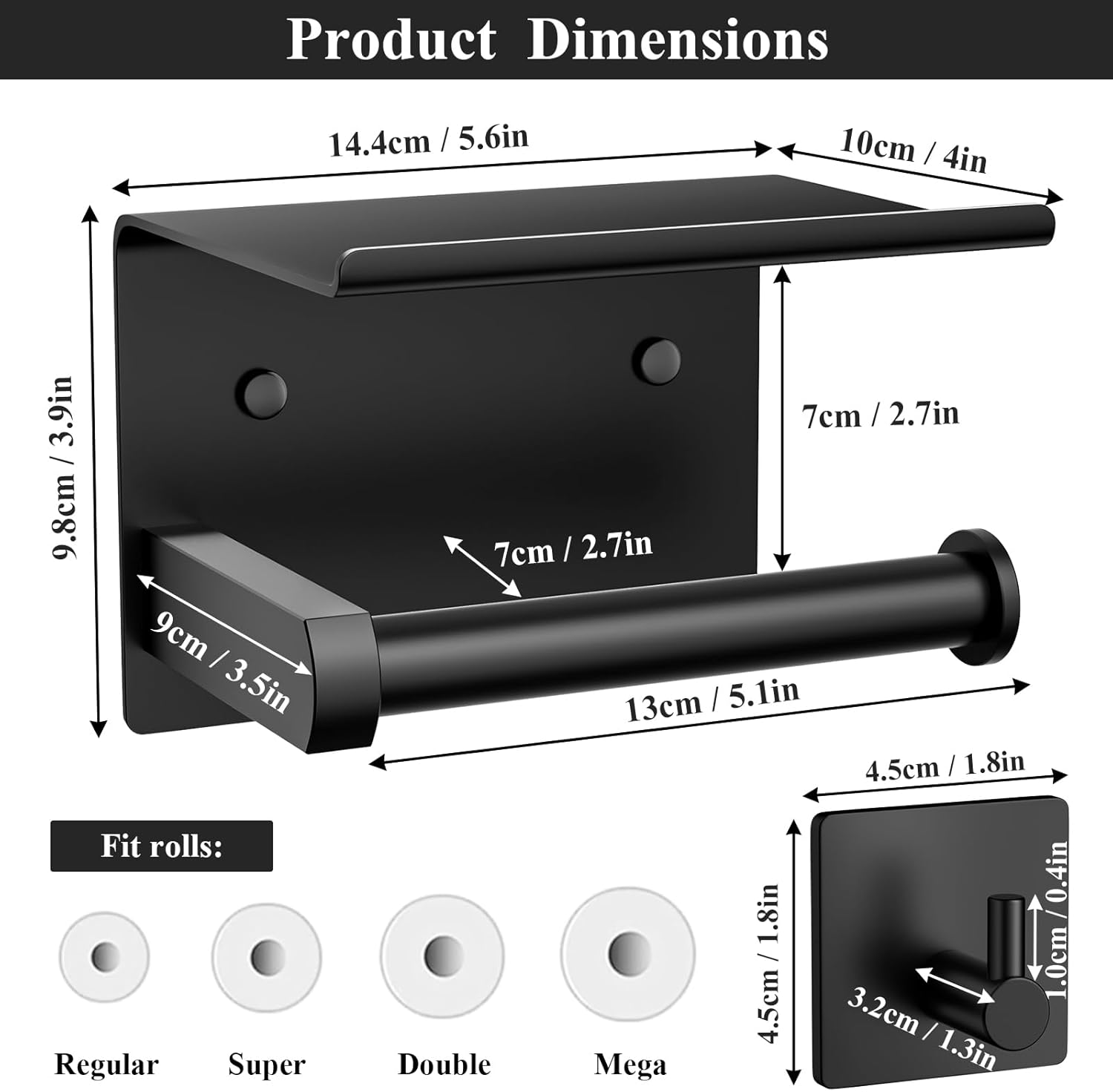 Toilet Paper Holder with Phone Shelf + Towel Robe Hooks, Adhesive or Screw Wall Mounted