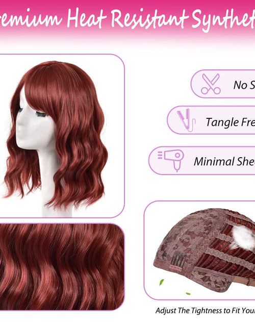 Load image into Gallery viewer, Short Wavy Red Bob Wig with Bangs, Realistic Colored Fun Shoulder Medium Length, 12 Inches
