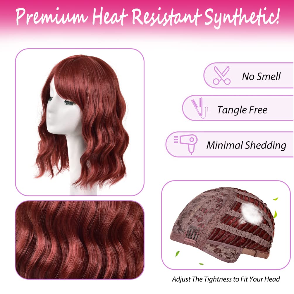 Short Wavy Red Bob Wig with Bangs, Realistic Colored Fun Shoulder Medium Length, 12 Inches