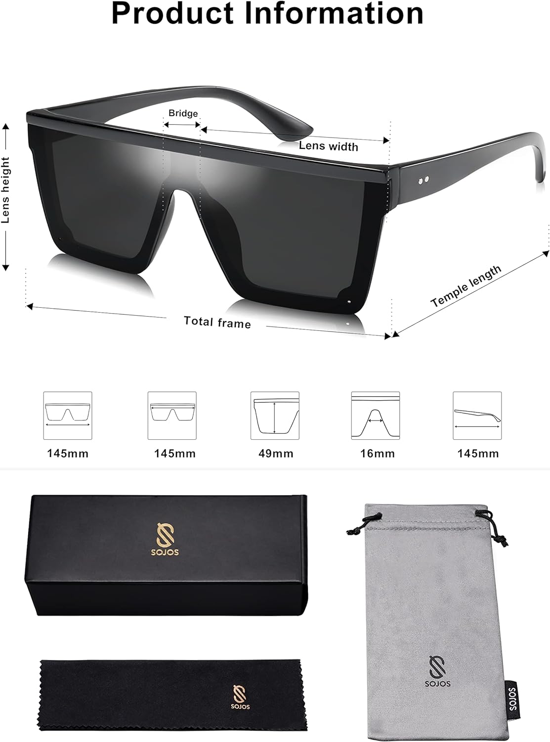 Square Big Sunglasses Women Thick Frame Flat Top Mirrored Sunnies Shades (Black Frame/Grey Lens)