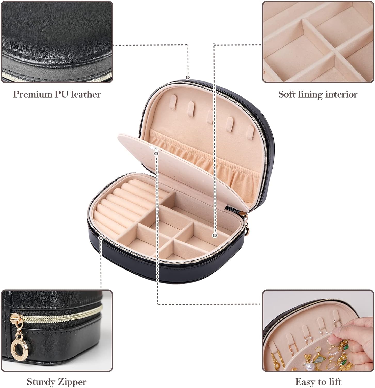 Travel Size Jewelry Box, Small Portable Seashell-Shaped Jewelry Case, 2 Layer Mini, Black