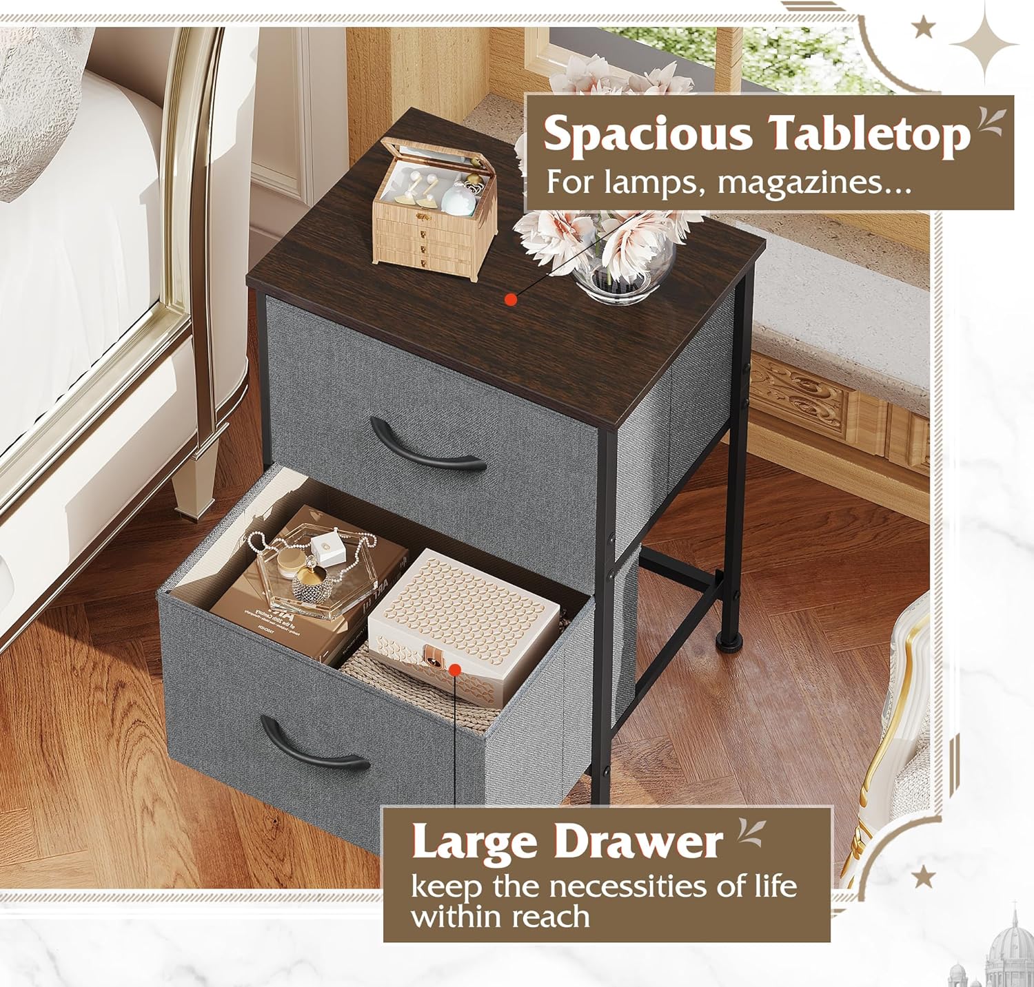 2 Drawer Dresser for Bedroom, Night Stand, End Table with Fabric Bins for Bedroom, Closet, Entryway, College Dorm, Dark Grey