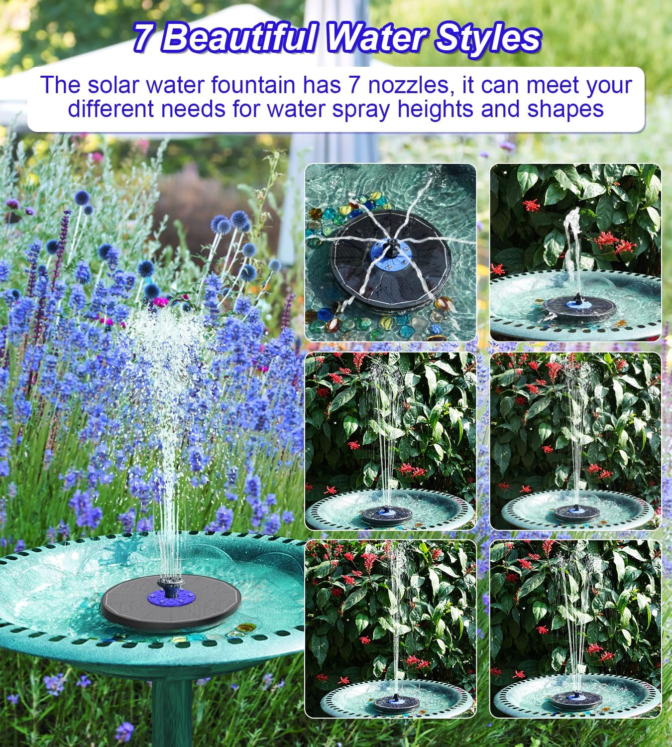 Solar Fountain 3.5W Floating Bird Bath Fountains with Blue Flower, Colorful