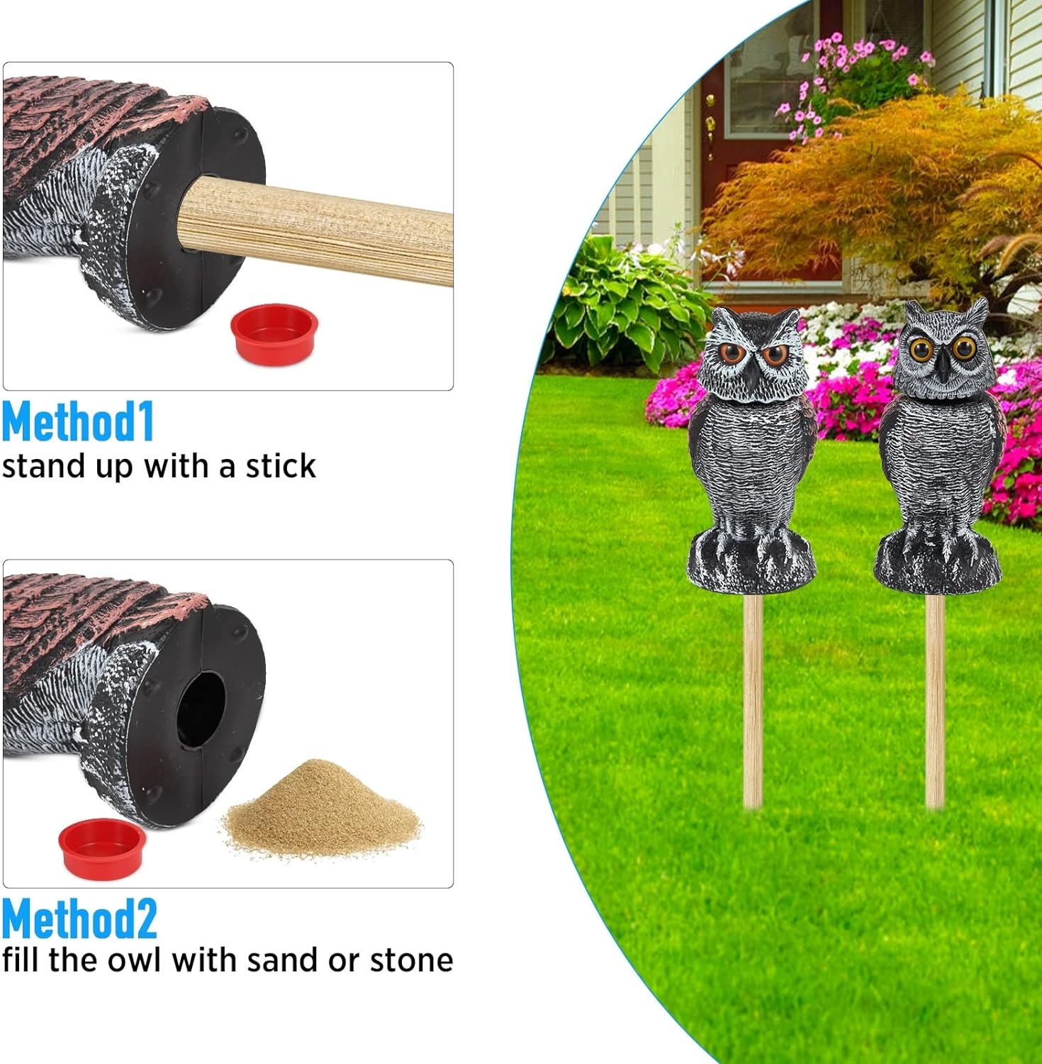 2 Pack Fake Owl Decoys to Scare Birds Away from Gardens and Patios