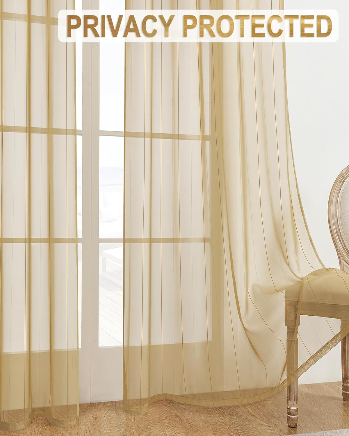 Stripe Gold Sheer Curtains 108 inch Length 2 Panels with Grommets Semi Transparant Curtains