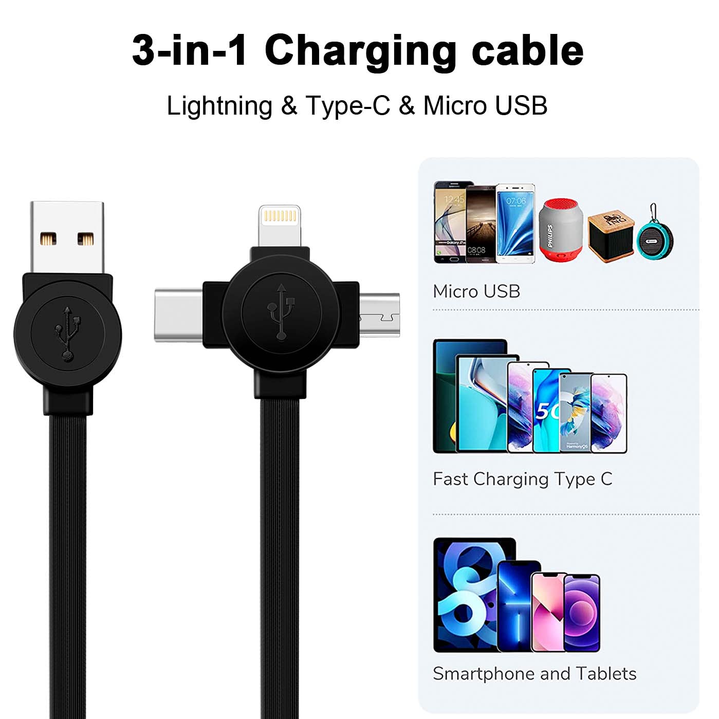 3.3ft 2Pack Retractable Multi Fast Charging Cord, 3 in 1 Multi Charger Cable Charging Cable