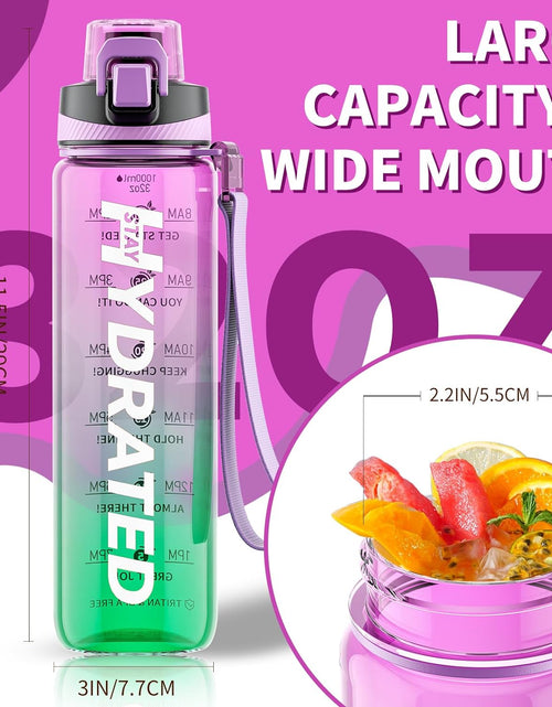 Load image into Gallery viewer, 32 oz Water Bottle, Motivational Water Bottles with Time Marker-Tritan &amp; BPA Free, Purple Green
