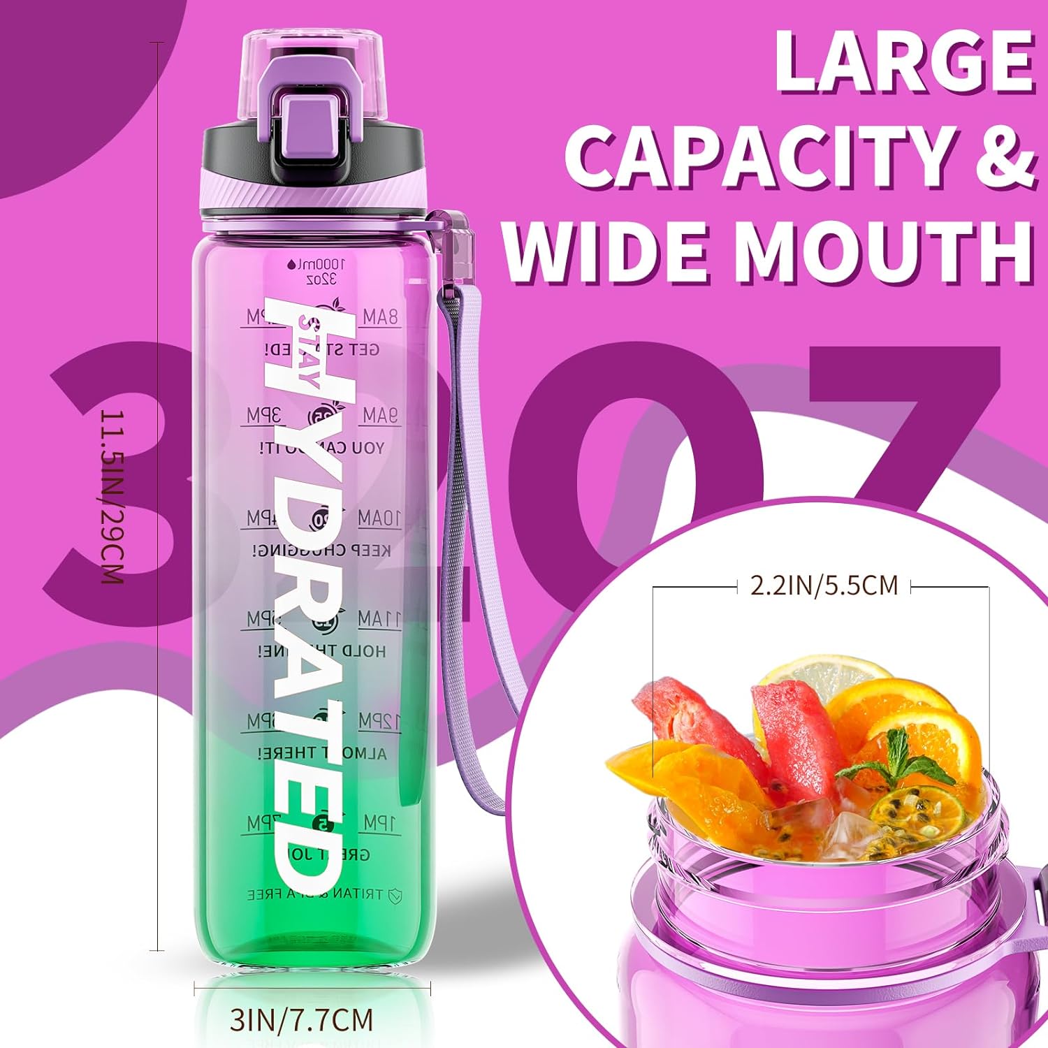 32 oz Water Bottle, Motivational Water Bottles with Time Marker-Tritan & BPA Free, Purple Green