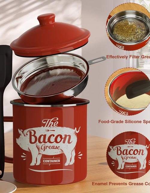 Load image into Gallery viewer, 46OZ Large Enamel Grease Container, With Silicone Spatula, Farmhouse Bacon Grease Keeper, Red
