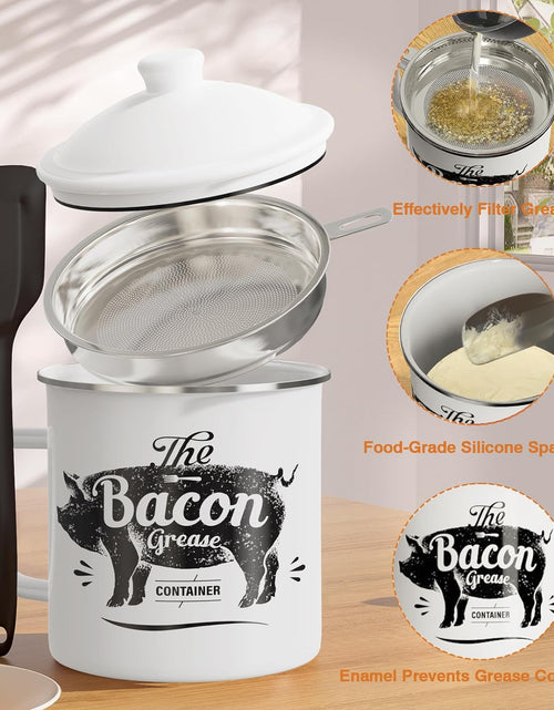 Load image into Gallery viewer, 46OZ Large Enamel Grease Container, With Silicone Spatula, Farmhouse Bacon Grease Keeper, White
