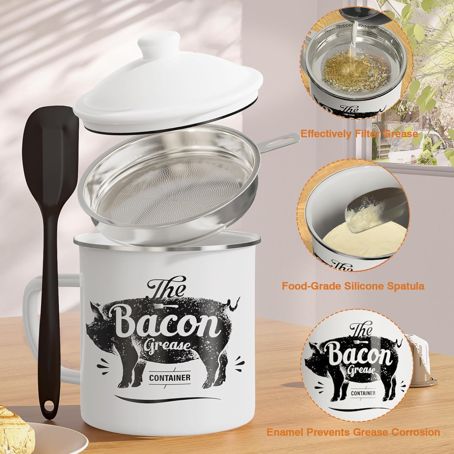 46OZ Large Enamel Grease Container, With Silicone Spatula, Farmhouse Bacon Grease Keeper, White