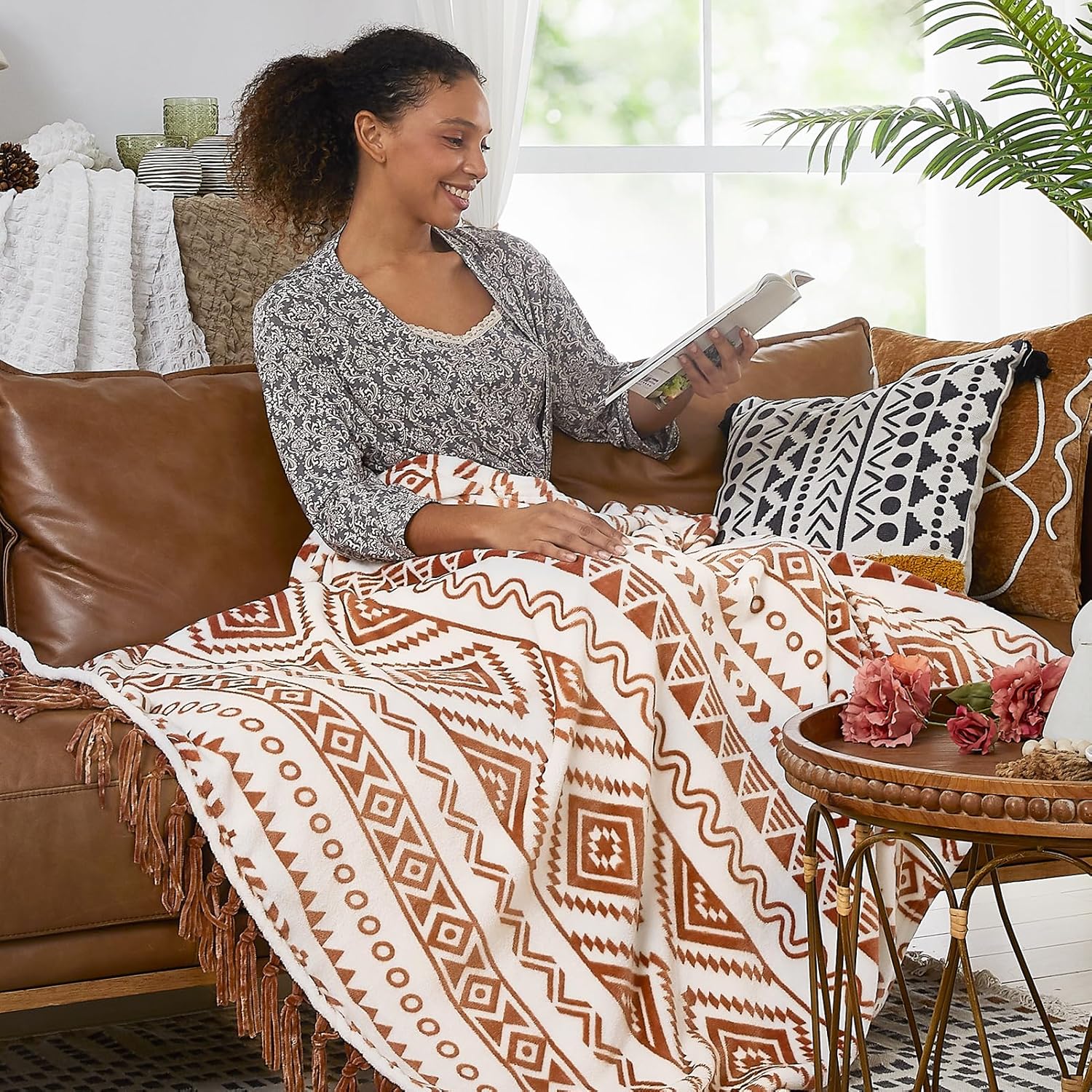 Boho Throw Blanket, Terrcotta Aztec Throw Blankets for Couch Summer (50 * 60 Inches)