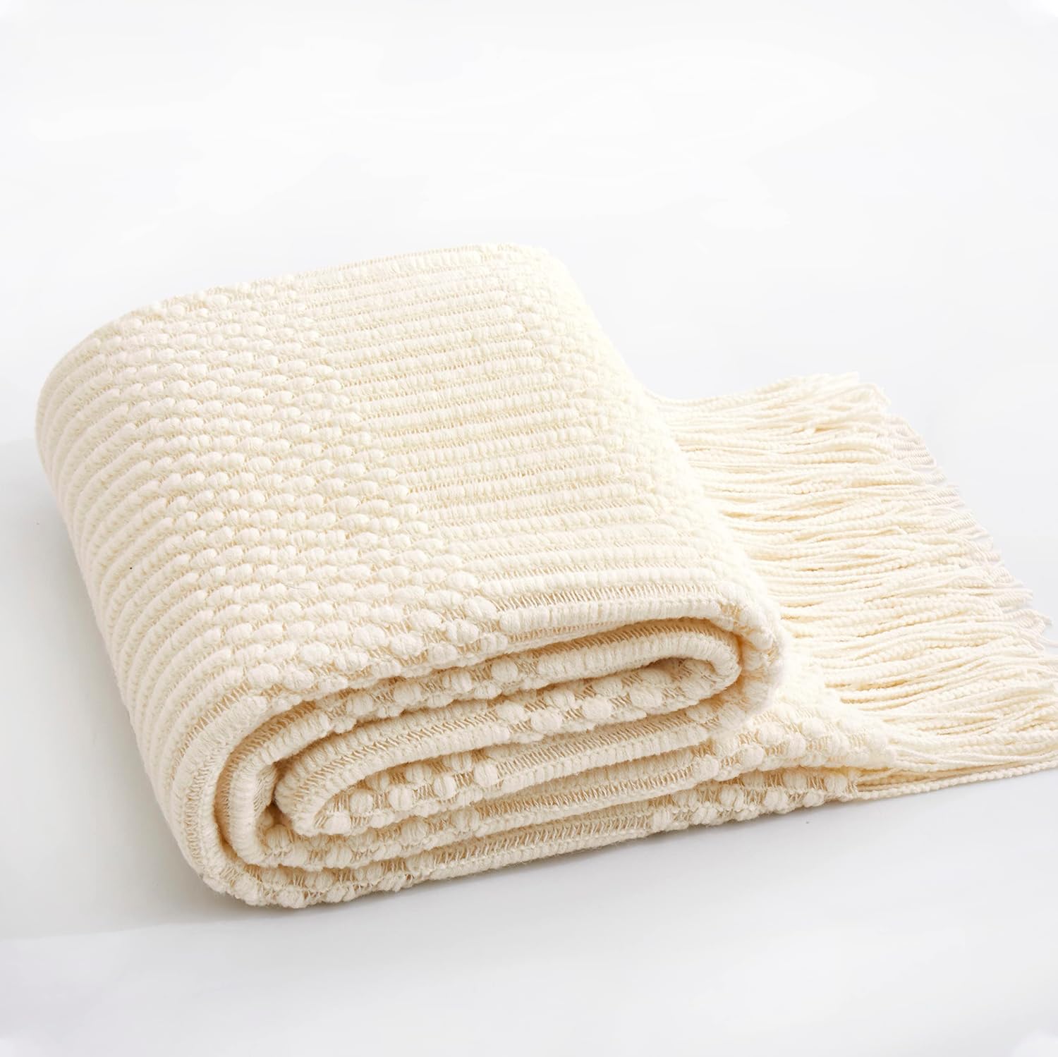 Off White Knitted Throw Blankets for Couch, Decorative Knitted Blankets with Tassel,50"x60"