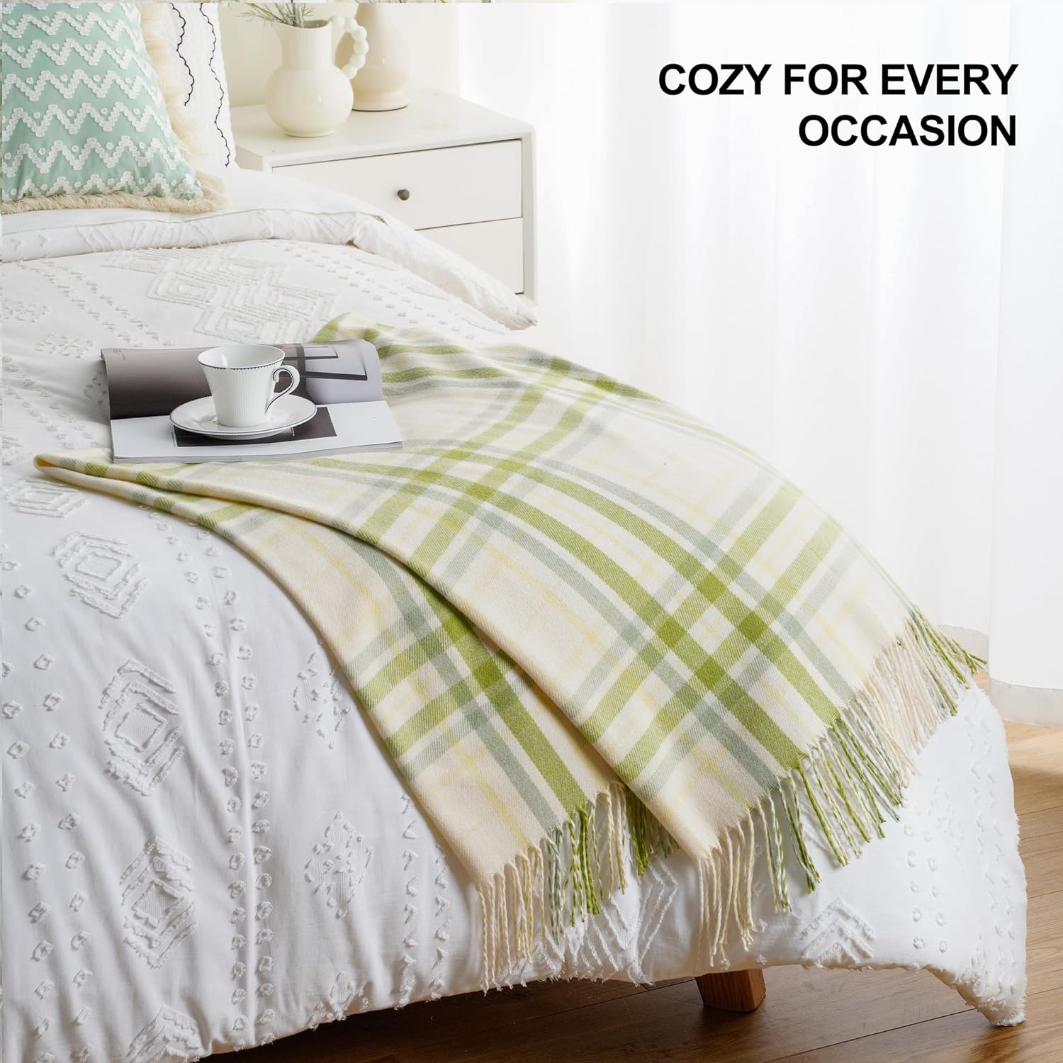 Spring Summer Plaid Throw Blanket for Couch Bed, Decorative White Green Stripe for Home Decor