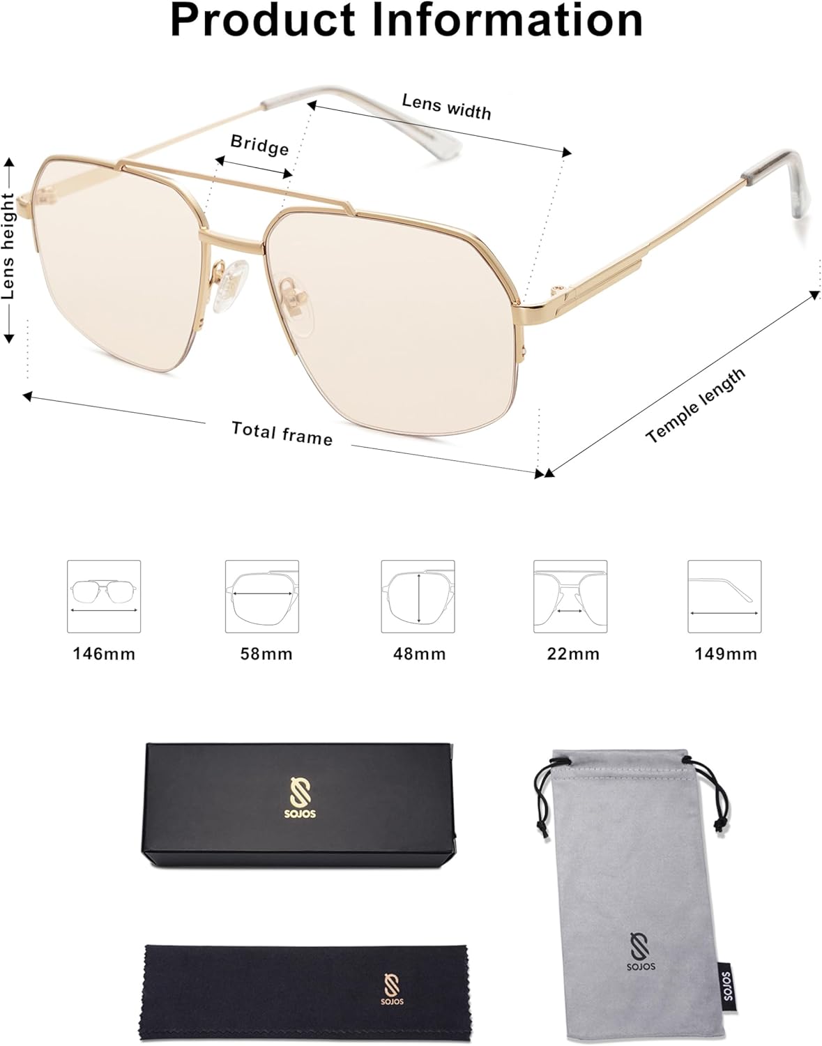 Trendy Aviator Sunglasses Mens Womens Retro Double Bridge Metal Semi-Rimless Shades, Light Brown