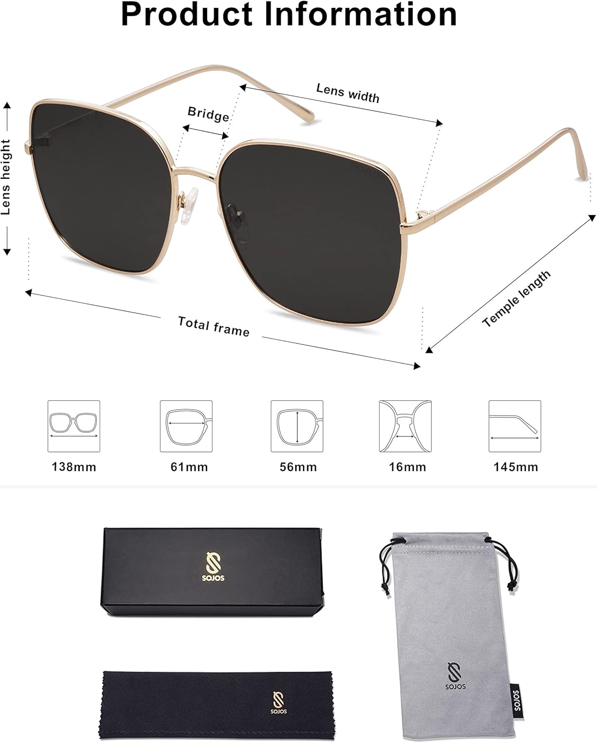 Trendy Oversized Square Metal Frame Sunglasses for Women Men Flat Mirrored Lens UV Protection, Gold Grey