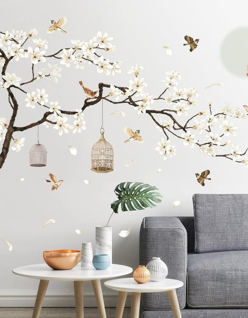 Load image into Gallery viewer, White Flowers Black Tree and Flying Birds Wall Stickers Removable DIY Wall Art 50x74 Inch
