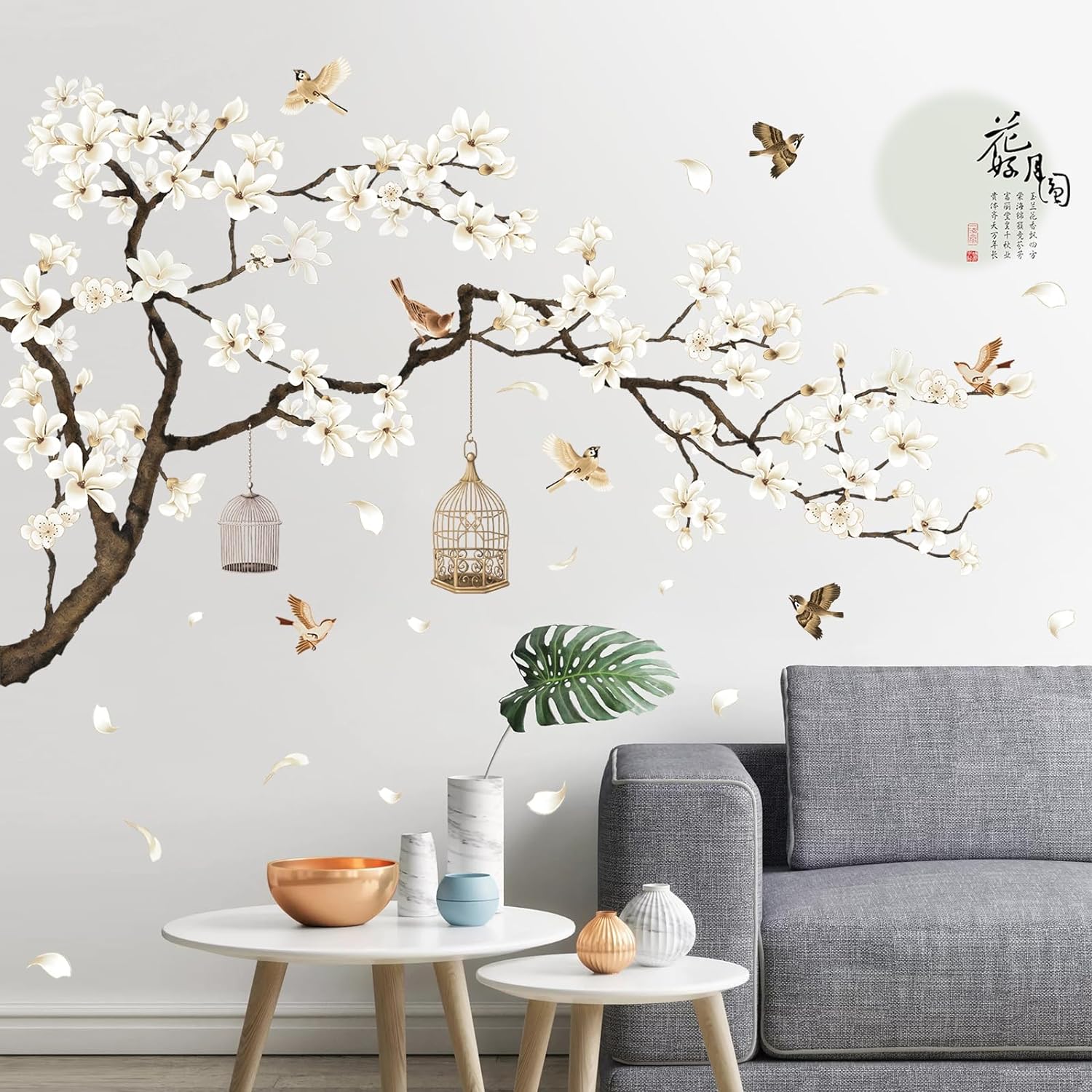 White Flowers Black Tree and Flying Birds Wall Stickers Removable DIY Wall Art 50x74 Inch