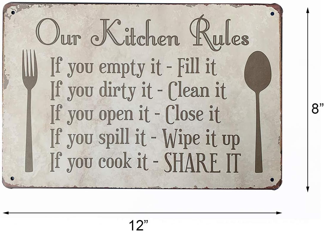 Kitchen Rules Plaque Wall Decor Rustic Metal Tin Sign (12X8-Inch)