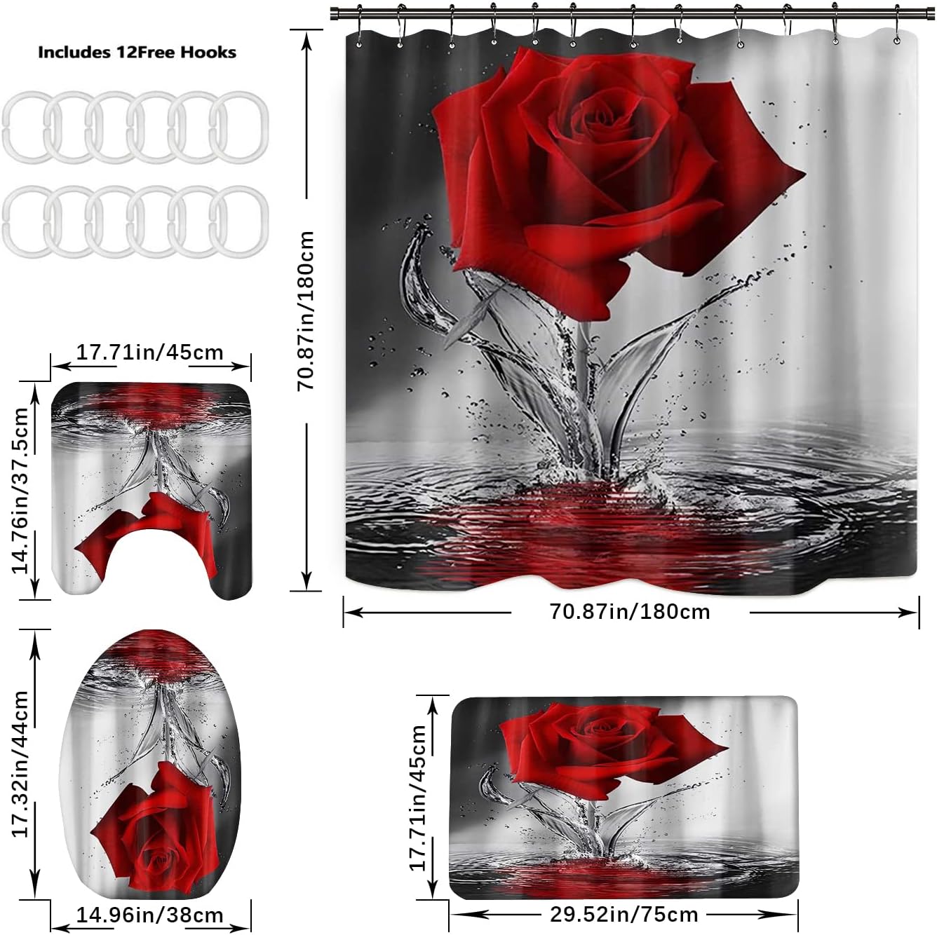 4PCS Red Rose Shower Curtain Sets with Non-Slip Rugs ,Toilet Lid Cover and Bath Mat