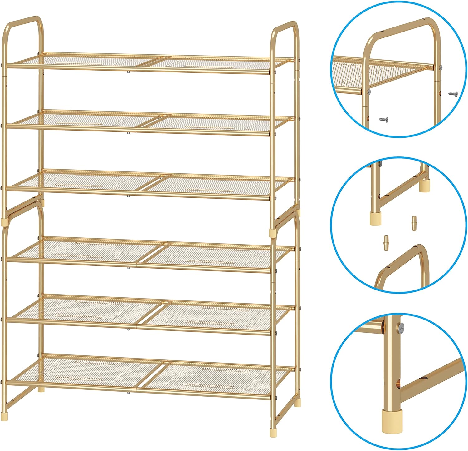 3-Tier Stackable Shoe Rack, Expandable & Adjustable Shoe Shelf Storage Organizer, Metal Mesh, Gold