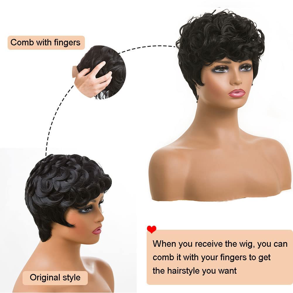 Short Black Curly Pixie Wigs Synthetic Hair Wigs for Black Women Natural Wavy