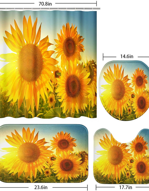 Load image into Gallery viewer, 4 Pcs Shower Curtain Set Sunflowers Countryside Field Floral Sunset Yellow with Non-Slip Rugs Toilet Lid Cover , 72&quot; x 72&quot;
