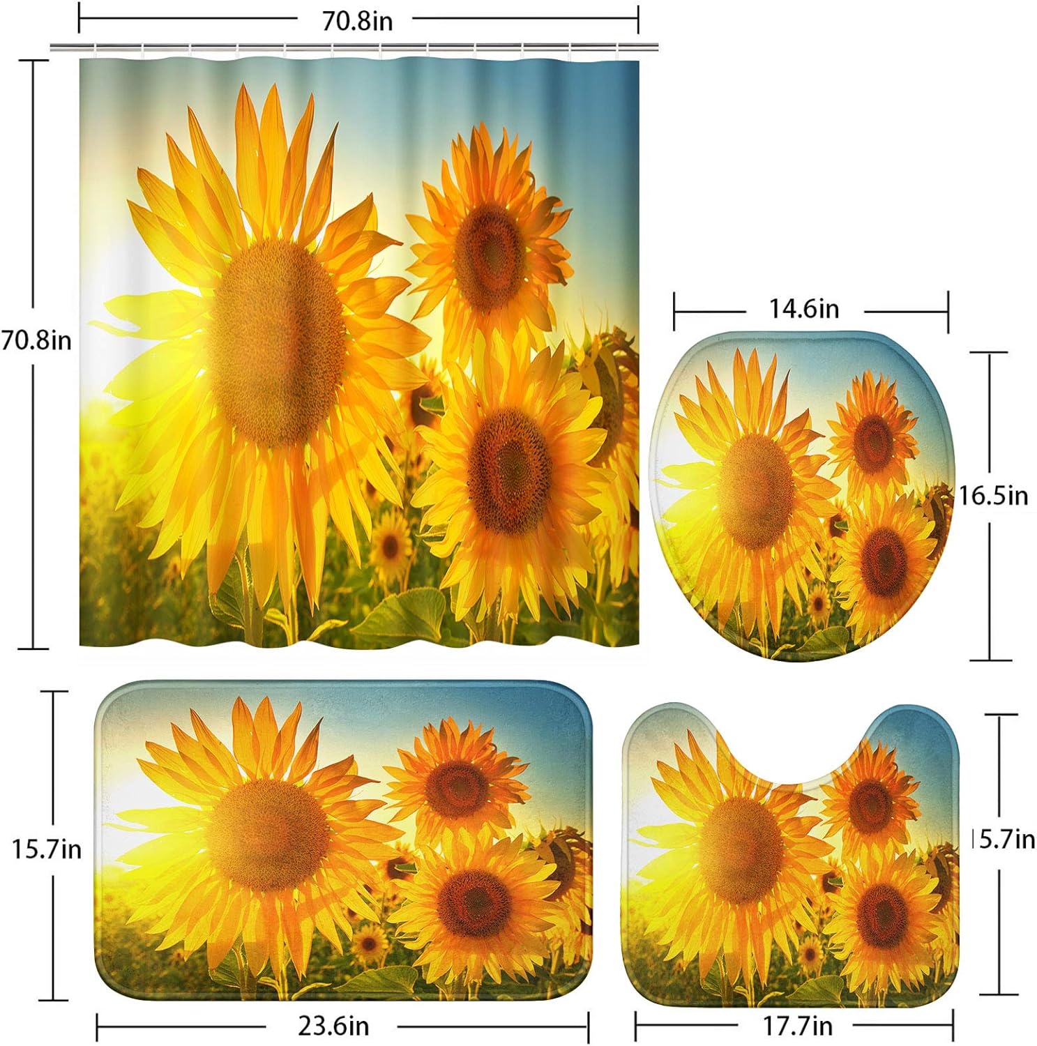 4 Pcs Shower Curtain Set Sunflowers Countryside Field Floral Sunset Yellow with Non-Slip Rugs Toilet Lid Cover , 72" x 72"