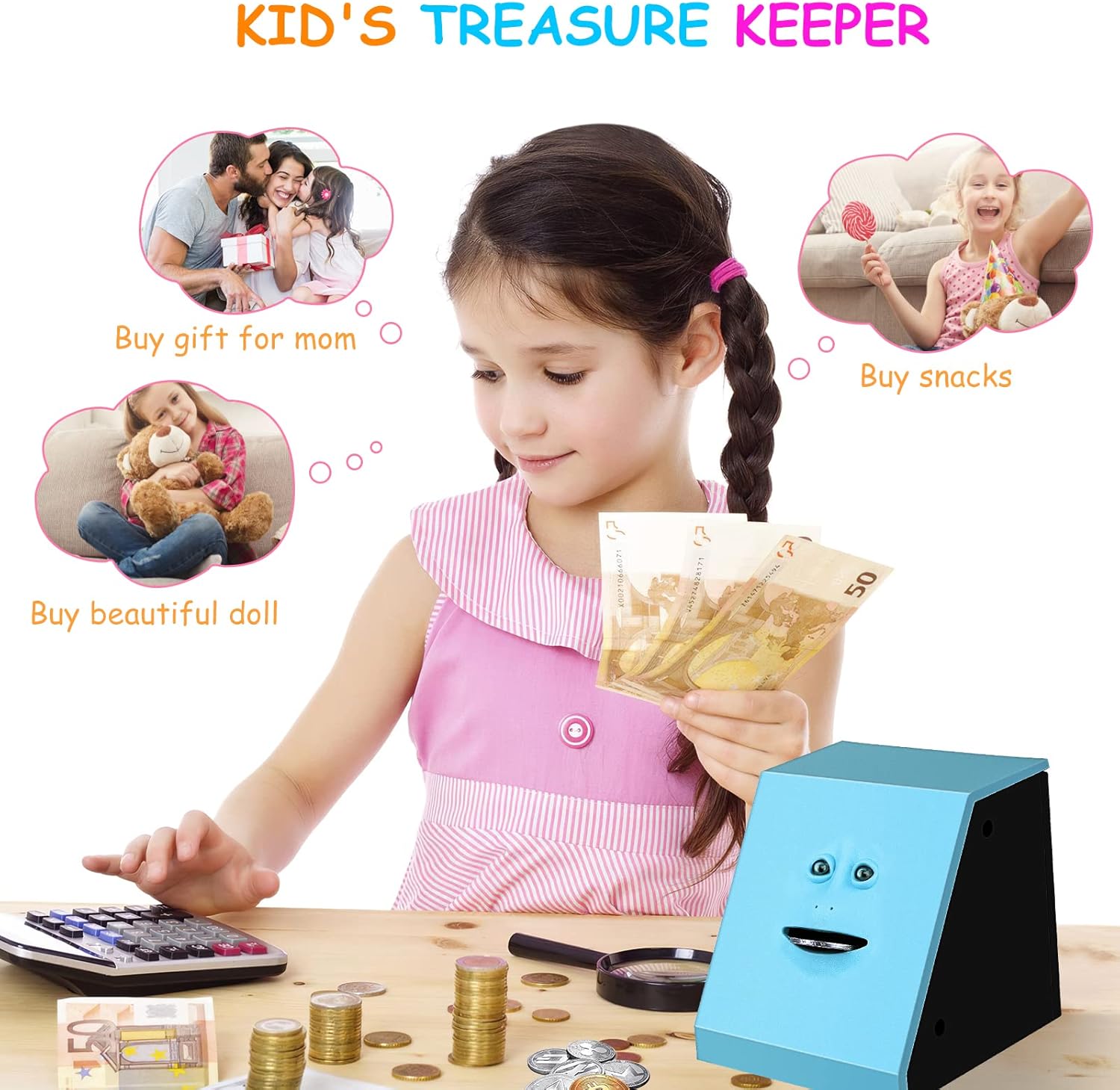 Face Bank, Face Money Eating Box Cute Facebank Piggy Bank for Coins Box Brick Automatic Money Coin Saving Bank, Blue