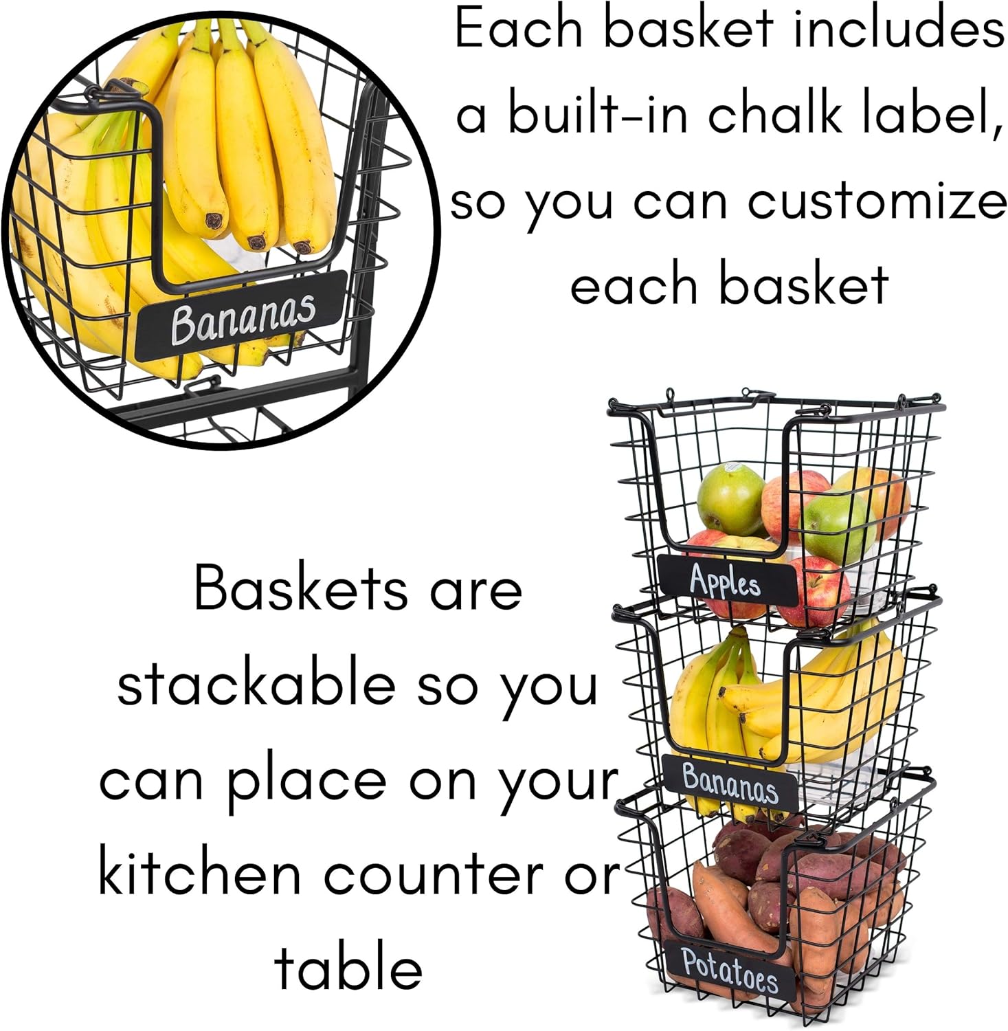 3-Tier Wire Market Basket Stand with Chalk Label - Snack Fruit Vegetable Produce Metal Hanging Storage Bin for Kitchen Pantry