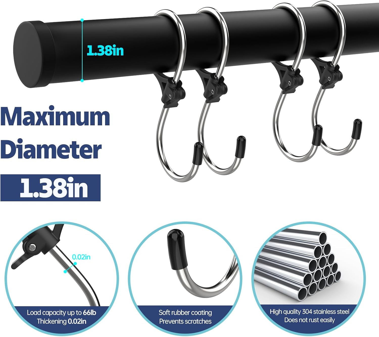 12 Pack S Hooks for Hanging, S Hooks Stainless Steel with Safety Buckle, Metal Hooks Fitting Diameter up to 1.26 Inch