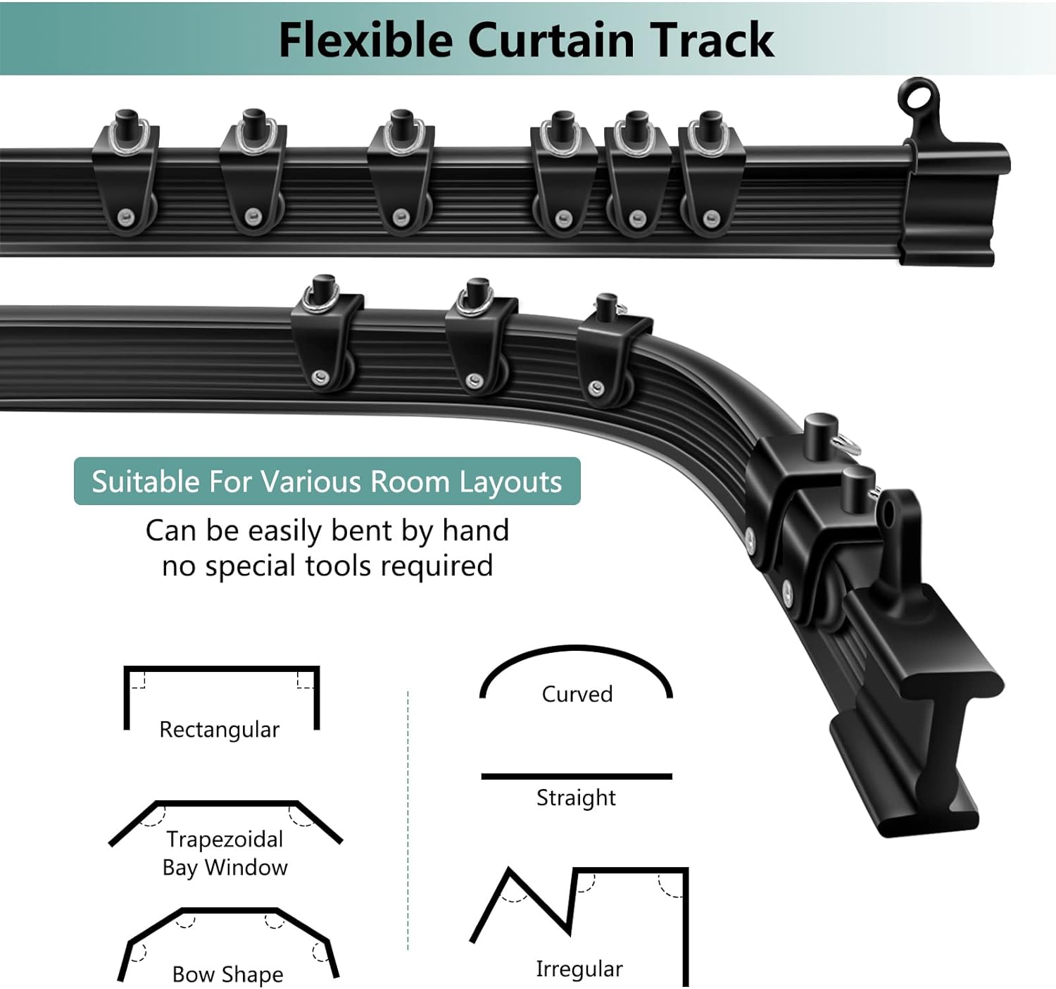 10 Ft Black Curved Curtain Rail Track Ceiling Wall Mount Sliding Curtain Ceiling Track System Set for RV, Bay Window, Room Divider, Black