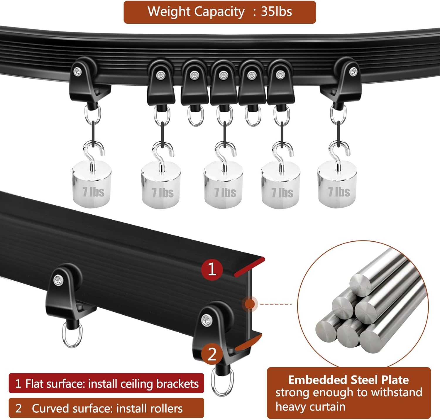 10Ft Flexible Bendable Curtain Track Black Curved Curtain Rail Wall Mount Sliding Ceiling Track System Set for Bay Window RV Room Divider