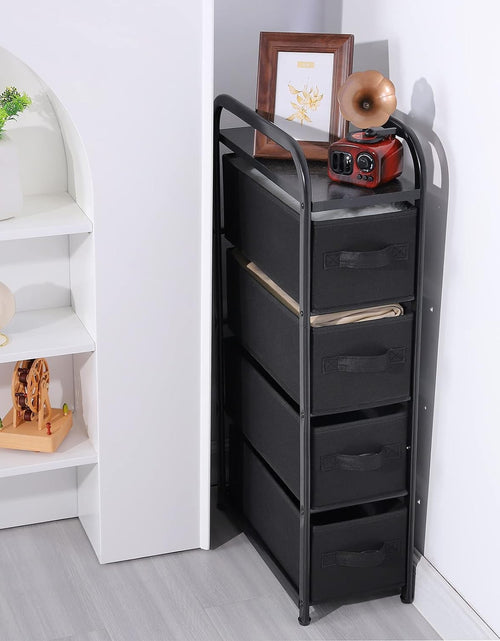 Load image into Gallery viewer, 4 Drawer Narrow Dresser Fabric Storage Tower Vertical Slim Chest Organizer Black)
