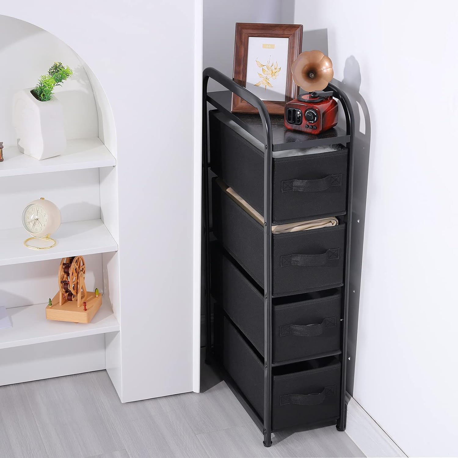 4 Drawer Narrow Dresser Fabric Storage Tower Vertical Slim Chest Organizer Black)