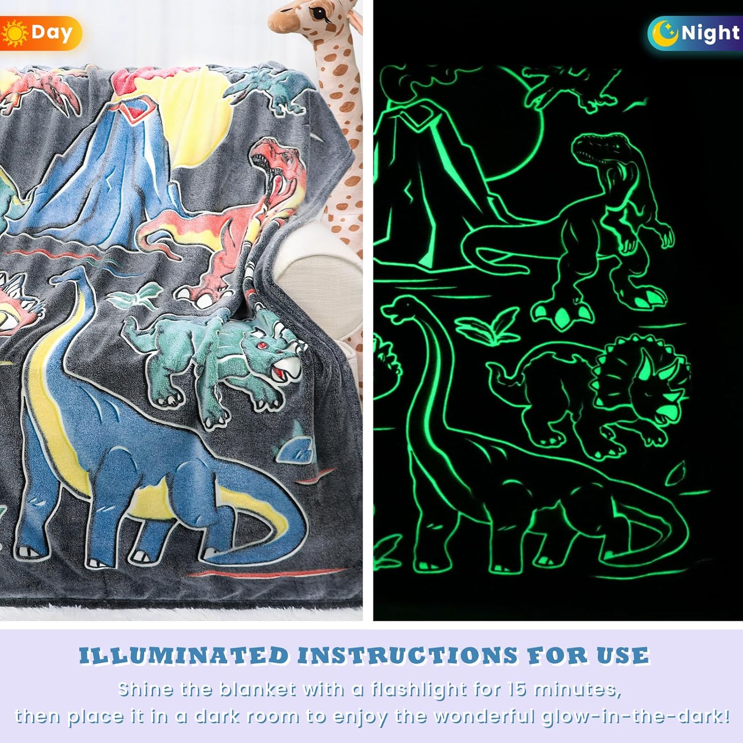 Glow in The Dark Dino Throw Blanket for Kids Dinosaur Toys for Boys Gifts Soft Fleece