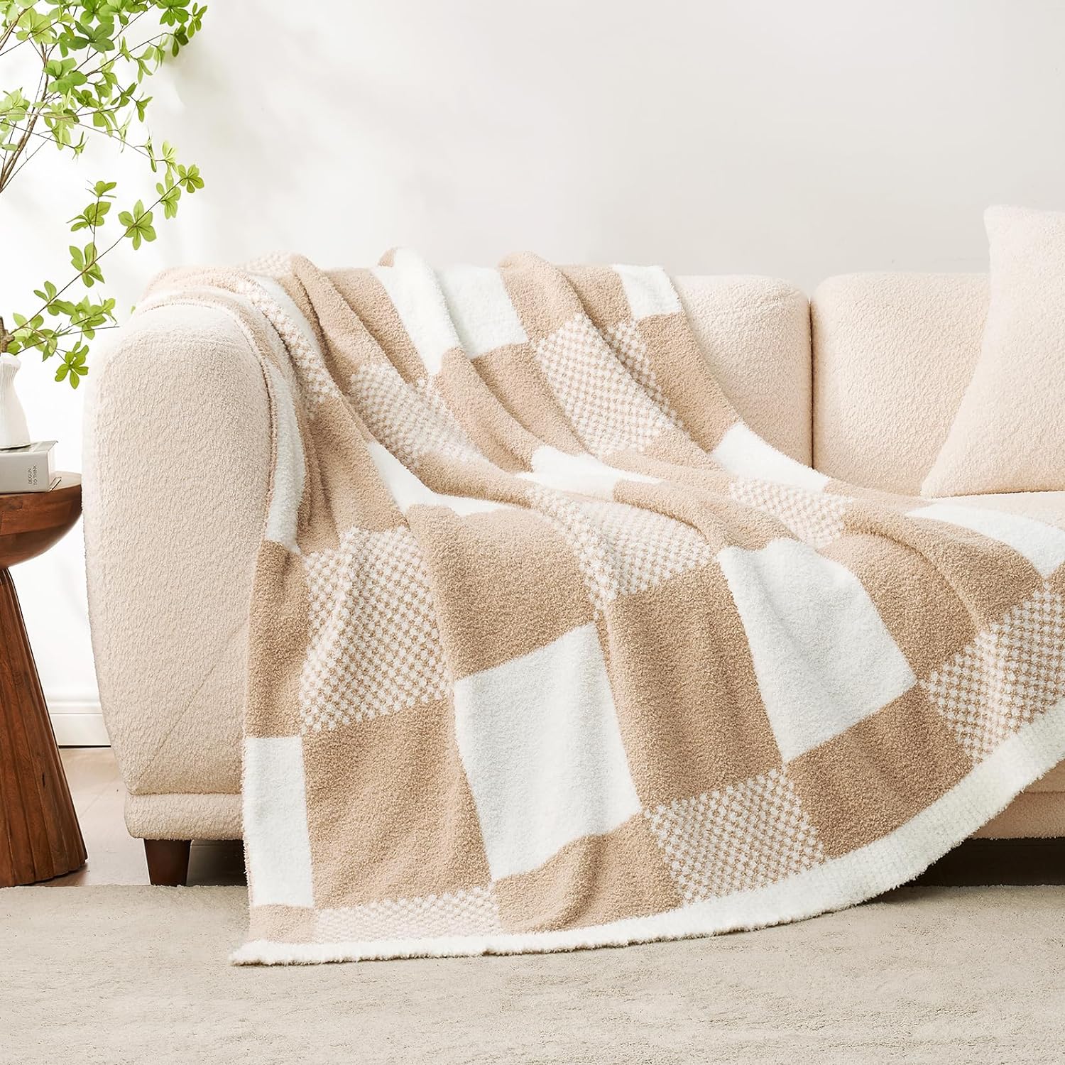 Sac Checkered Blanket, Beige Throw Blanket for Couch Plaid Microfiber Fluffy Warm Cozy Fuzzy Soft, 50x60 inches