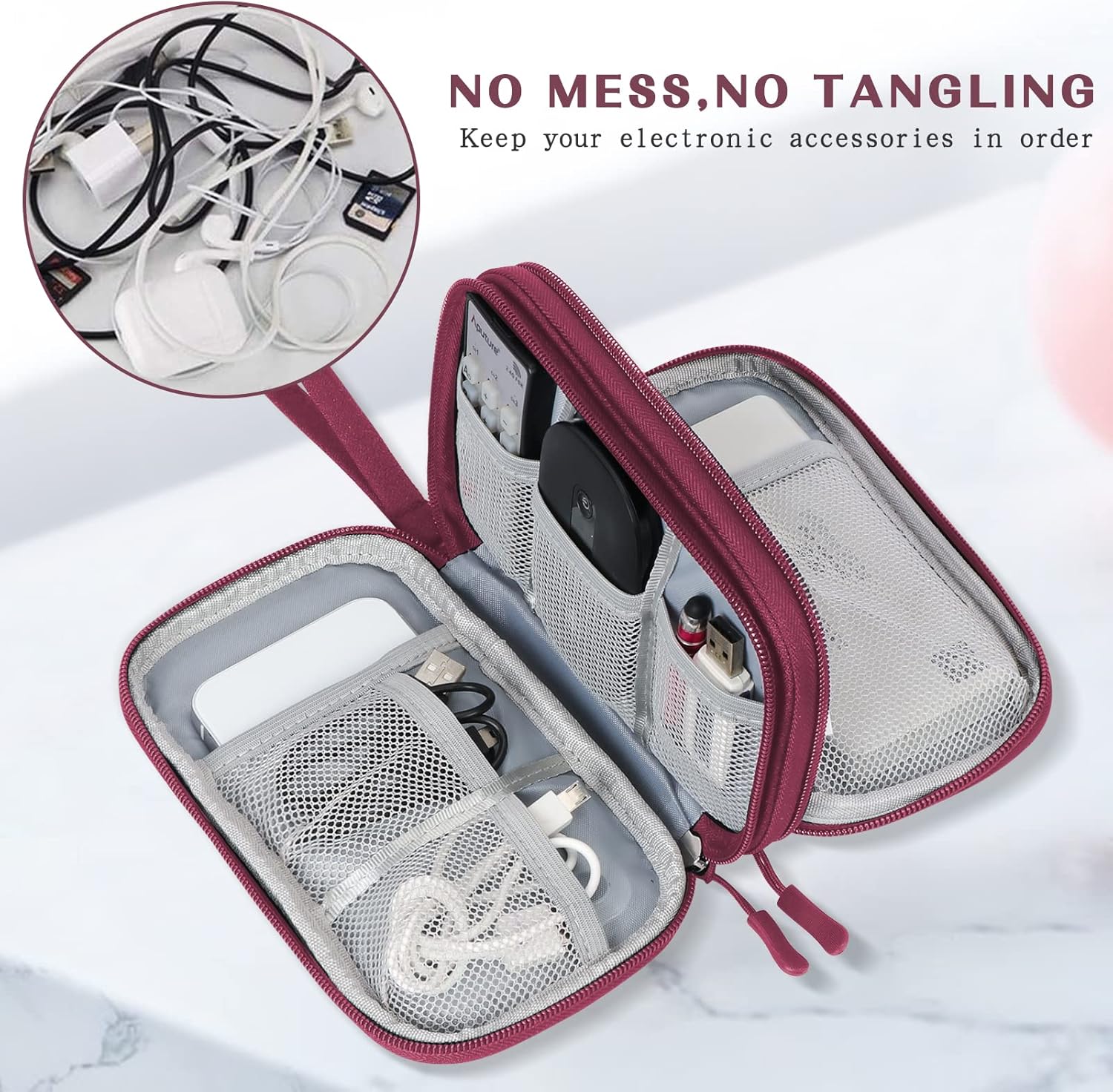 Travel Cable Organizer Bag Pouch Electronic Accessories Carry Case Portable Waterproof Double Layers, Small Wine Red