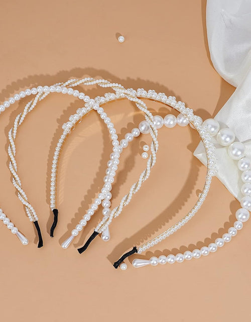 Load image into Gallery viewer, 4 Pack Pearls Fashion Headbands,White Artificial Pearl Rhinestones Hairbands,Bridal Hair Hoop
