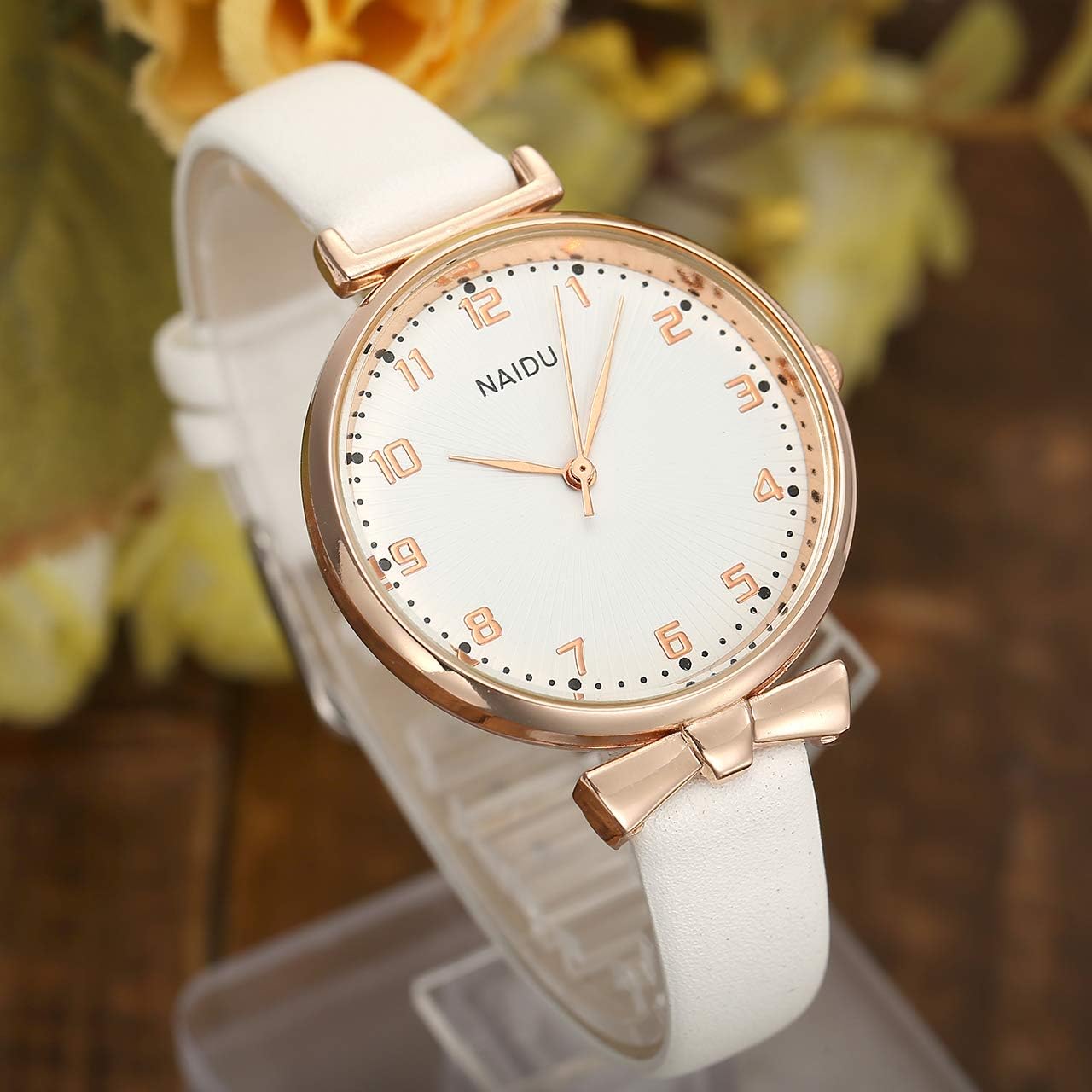 Womens Ladies Classic Simple Leather Analog Quartz Wrist Watch Rose Gold Case Arabic Numerals, White