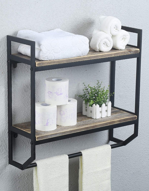 Load image into Gallery viewer, 2-Tier Metal Industrial 23.6&quot; Bathroom Shelves Wall Mounted,Rustic Wall Shelf Over Toilet Towel Rack with Towel Bar, Black Brush Silver
