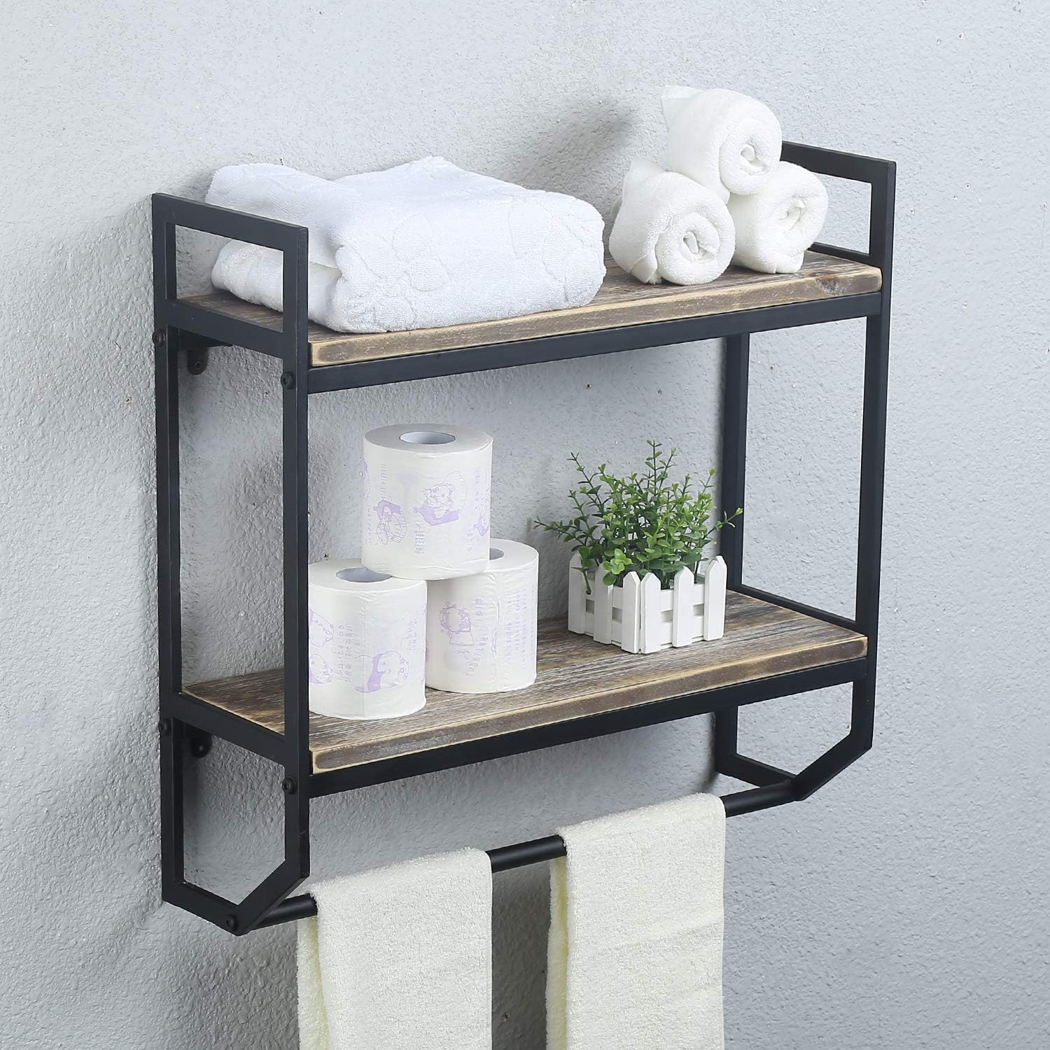 2-Tier Metal Industrial 23.6" Bathroom Shelves Wall Mounted,Rustic Wall Shelf Over Toilet Towel Rack with Towel Bar, Black Brush Silver