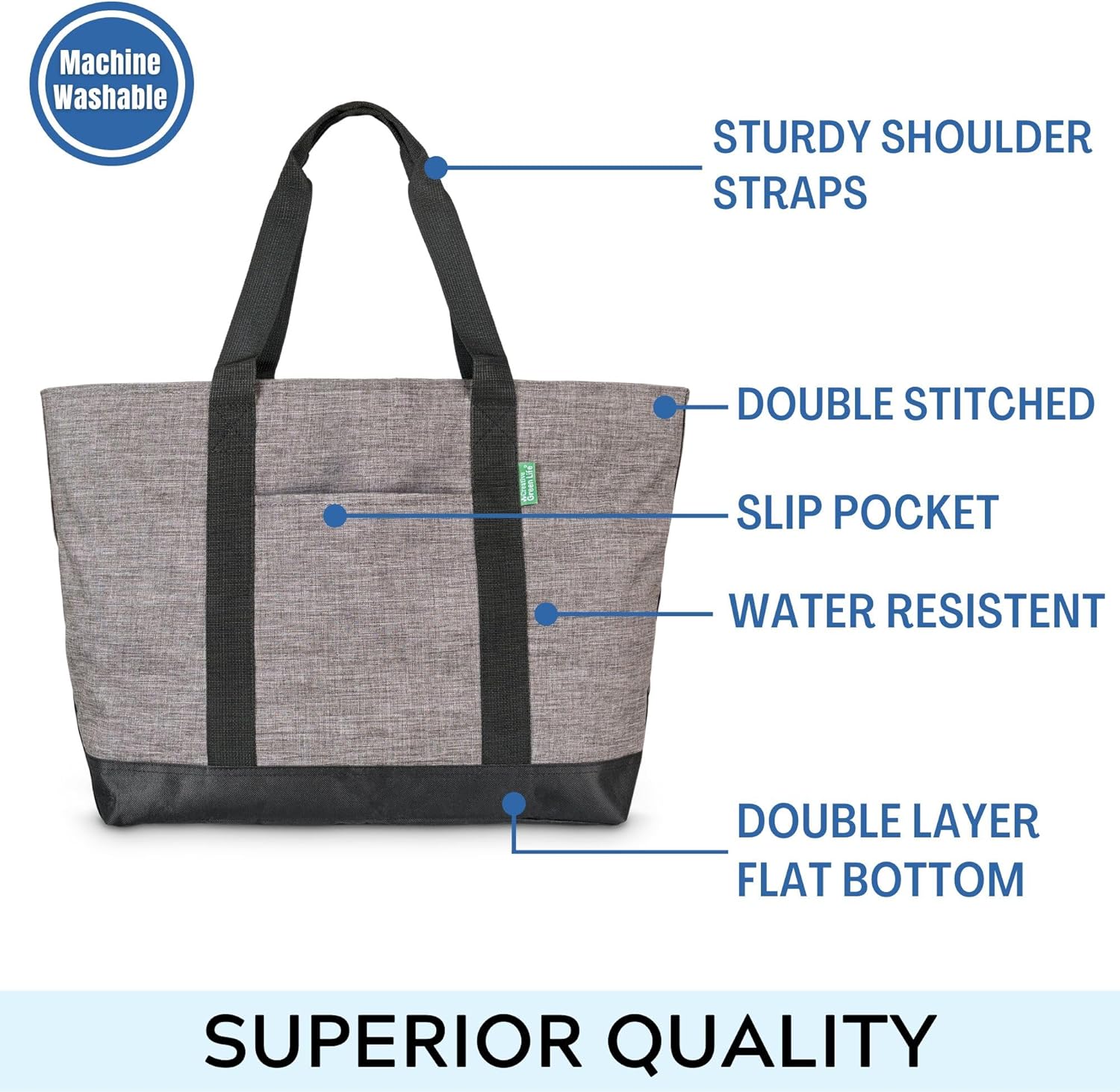 xtra Large Tote Bag for Women or Men with Zipper, Everyday Bag for Work, Travel Bag, Gym Bag, Grey